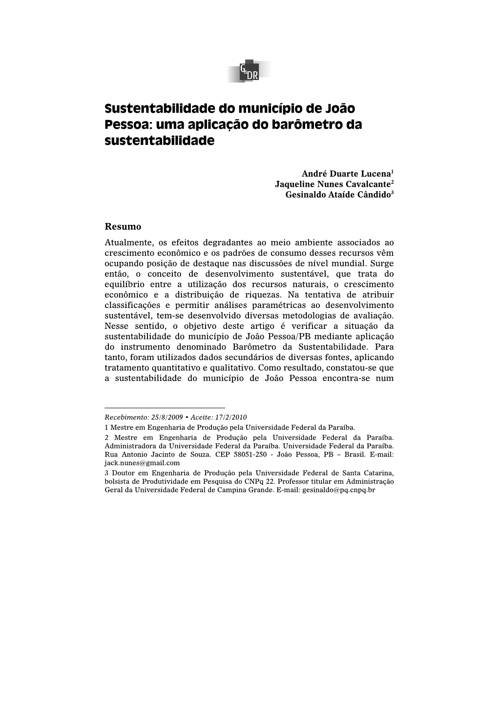 Sustentabilidade Do Município De João Pessoa: Uma Aplicação Do Barômetro Da Sustentabilidade