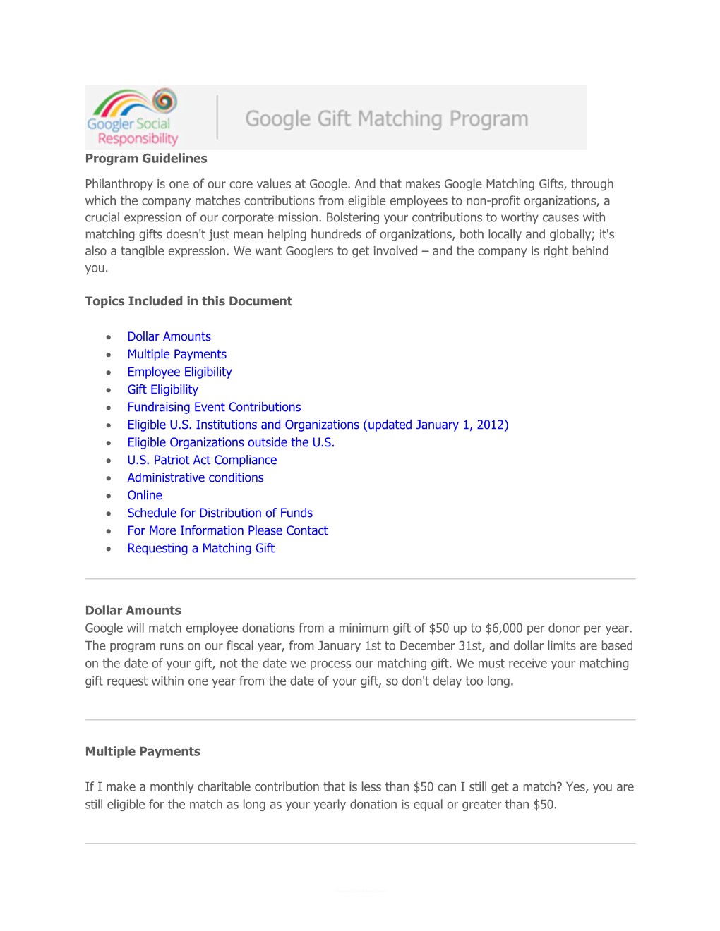 Program Guidelines Philanthropy Is One of Our Core Values at Google
