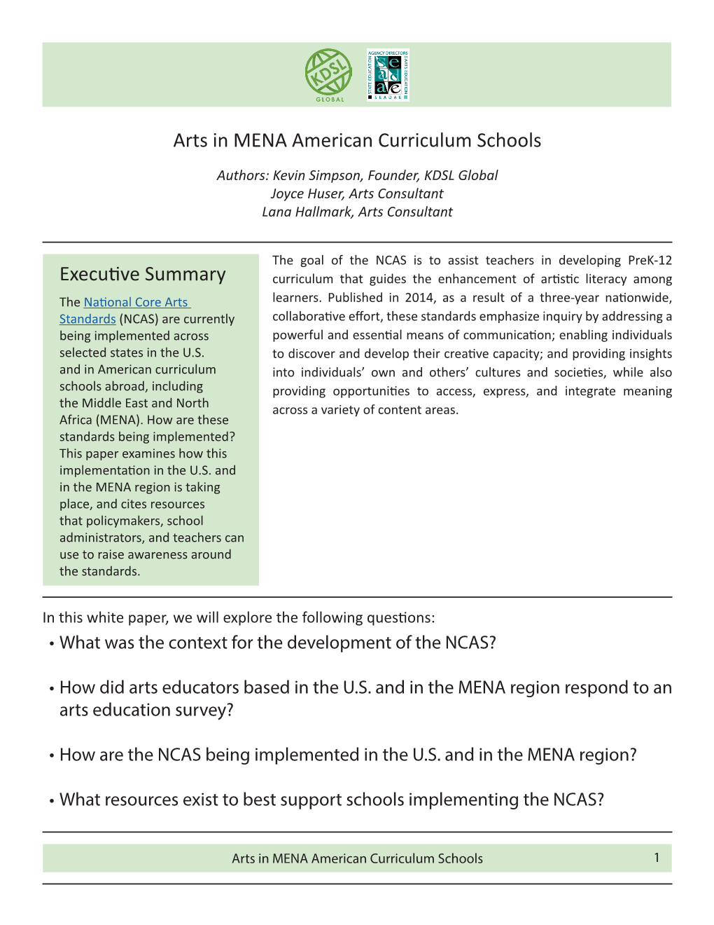 Arts in MENA American Curriculum Schools Executive Summary