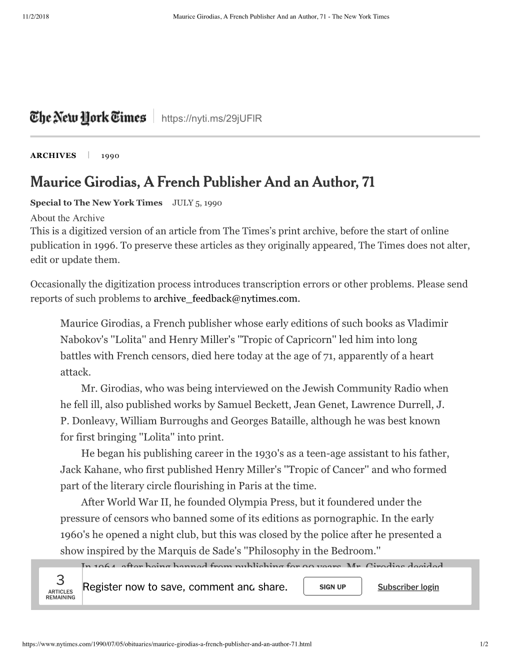 Maurice Girodias, a French Publisher and an Author, 71 - the New York Times