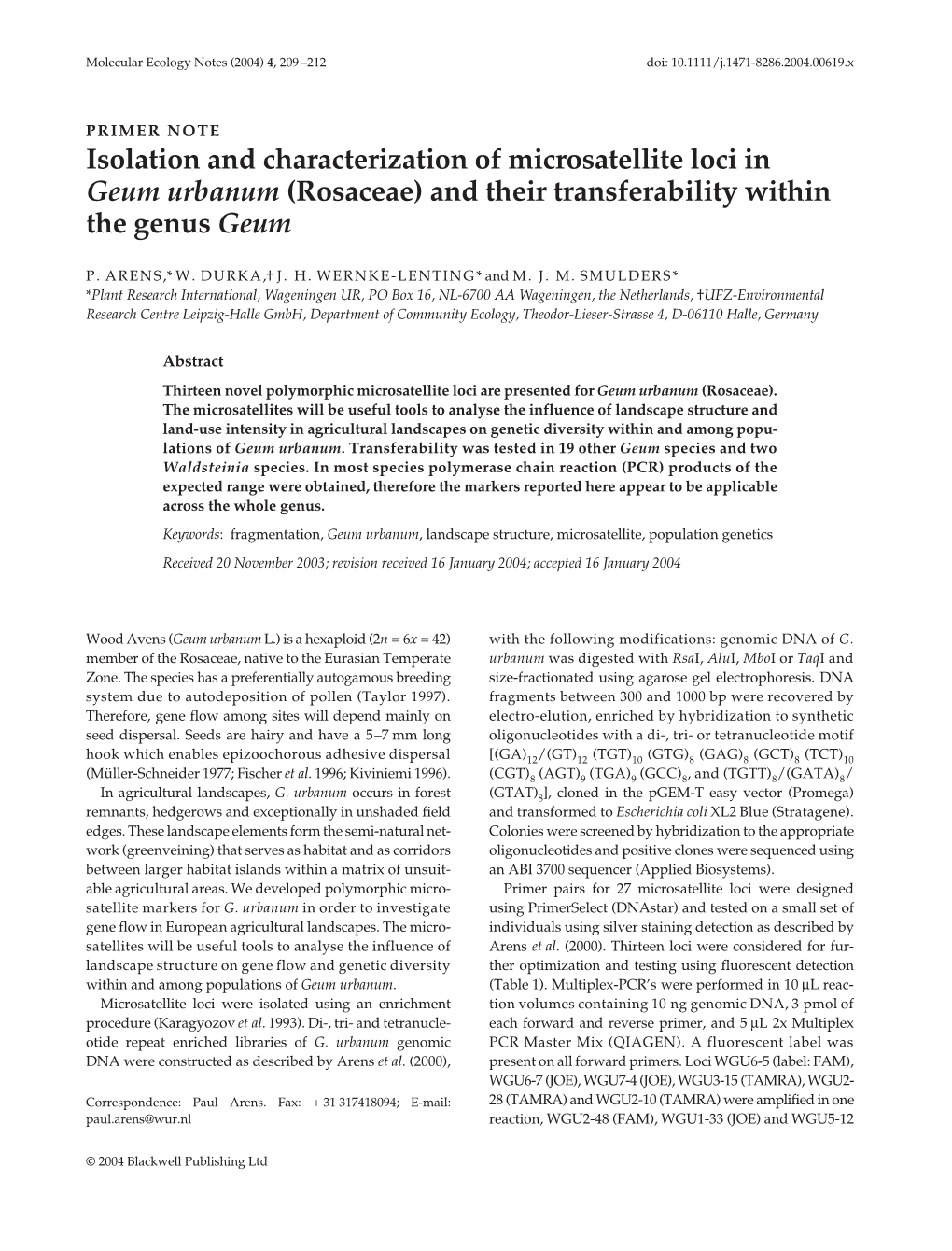 Isolation and Characterization of Microsatellite Loci in Geum Urbanum (Rosaceae) and Their Transferability Within the Genus Geum