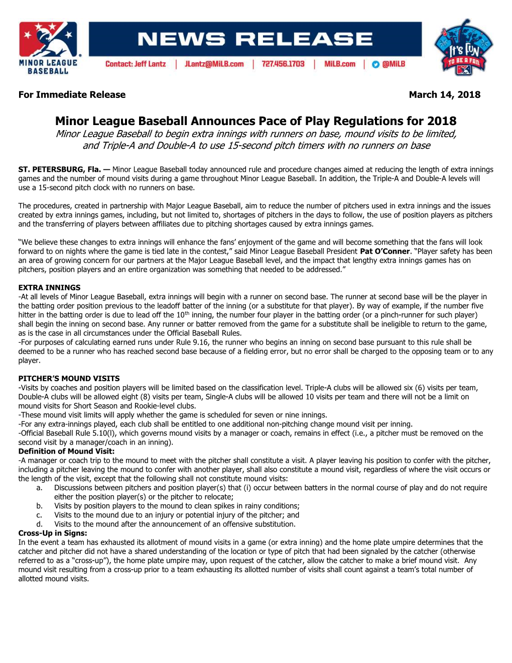 Minor League Baseball Announces Pace of Play Regulations for 2018