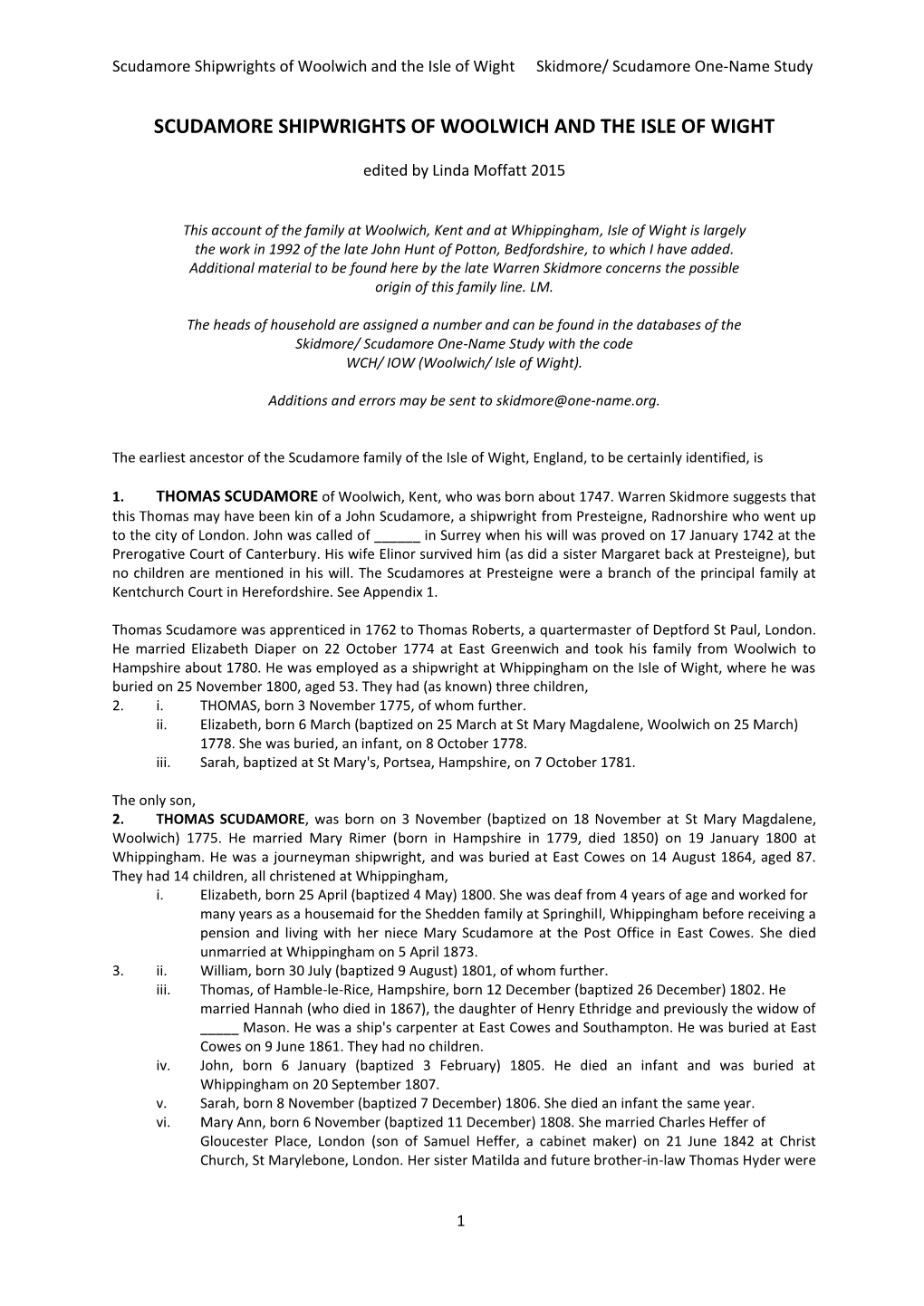 Scudamore Shipwrights of Woolwich and the Isle of Wight Skidmore/ Scudamore One-Name Study