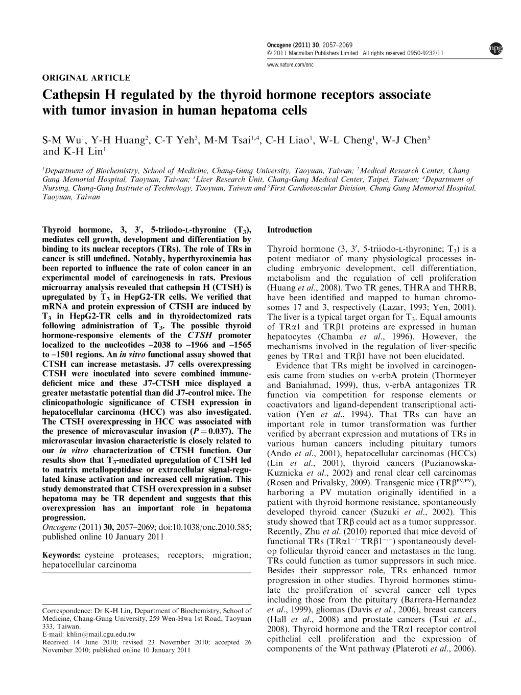 Cathepsin H Regulated by the Thyroid Hormone Receptors Associate with Tumor Invasion in Human Hepatoma Cells