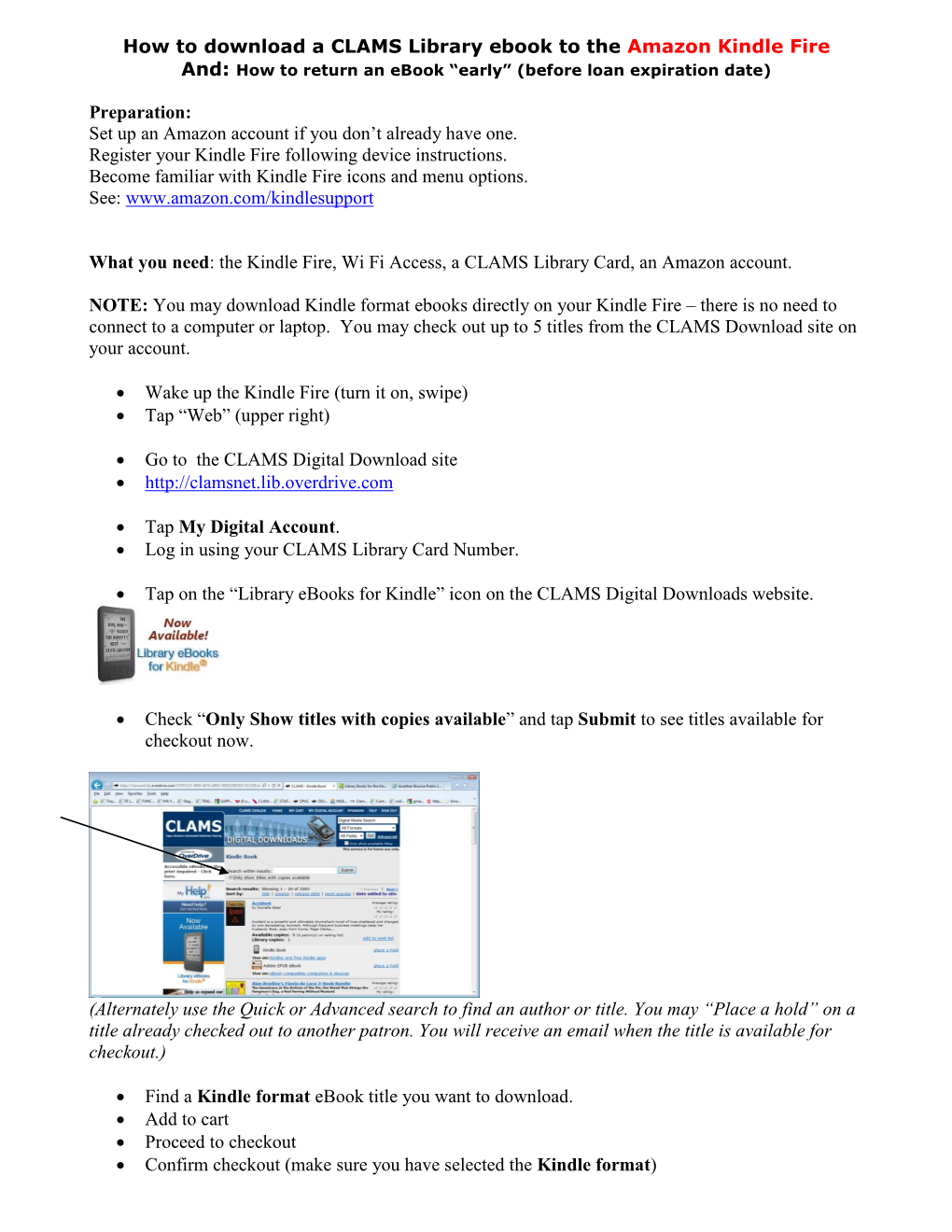 How to Download a CLAMS Library Ebook to the Amazon Kindle Fire And: How to Return an Ebook “Early” (Before Loan Expiration Date)