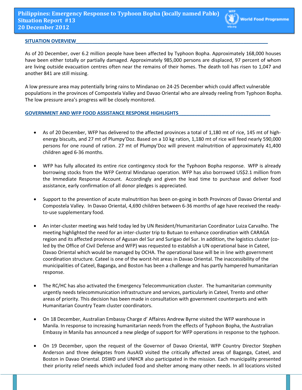 Emergency Response to Typhoon Bopha (Locally Named Pablo) Situation Report #13 20 December 2012