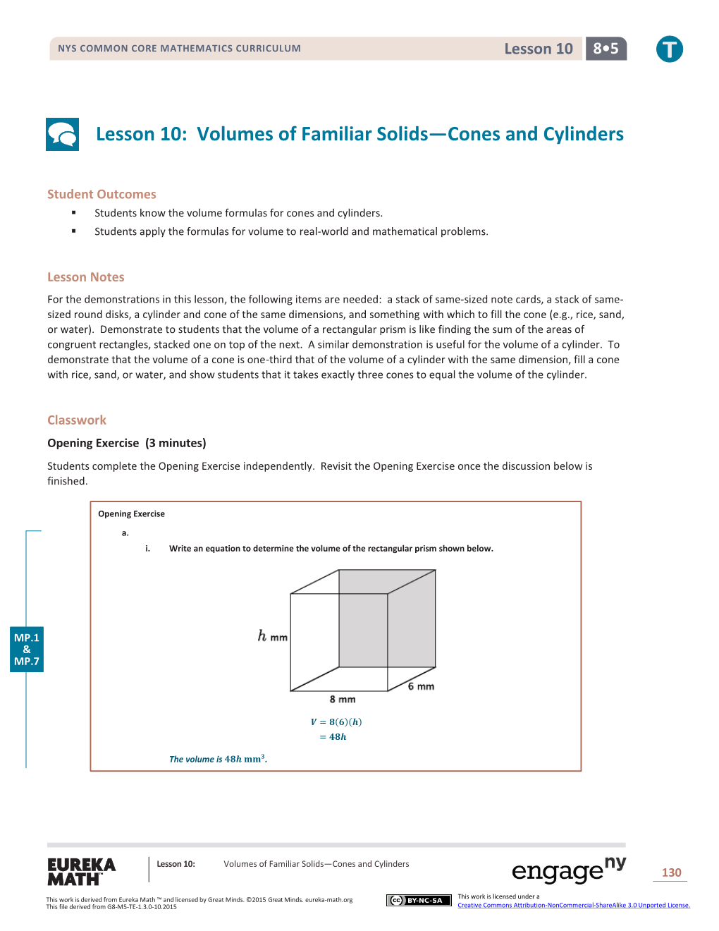 Lesson 10: Volumes of Familiar Solids―Cones and Cylinders