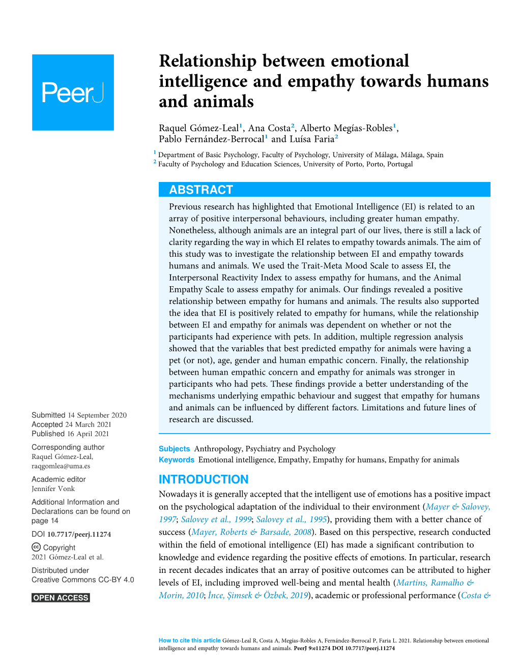 Relationship Between Emotional Intelligence and Empathy Towards Humans and Animals