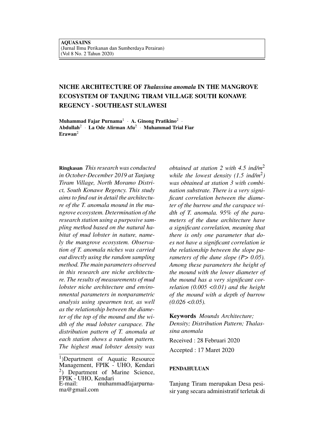 NICHE ARCHITECTURE of Thalassina Anomala in the MANGROVE ECOSYSTEM of TANJUNG TIRAM VILLAGE SOUTH KONAWE REGENCY - SOUTHEAST SULAWESI