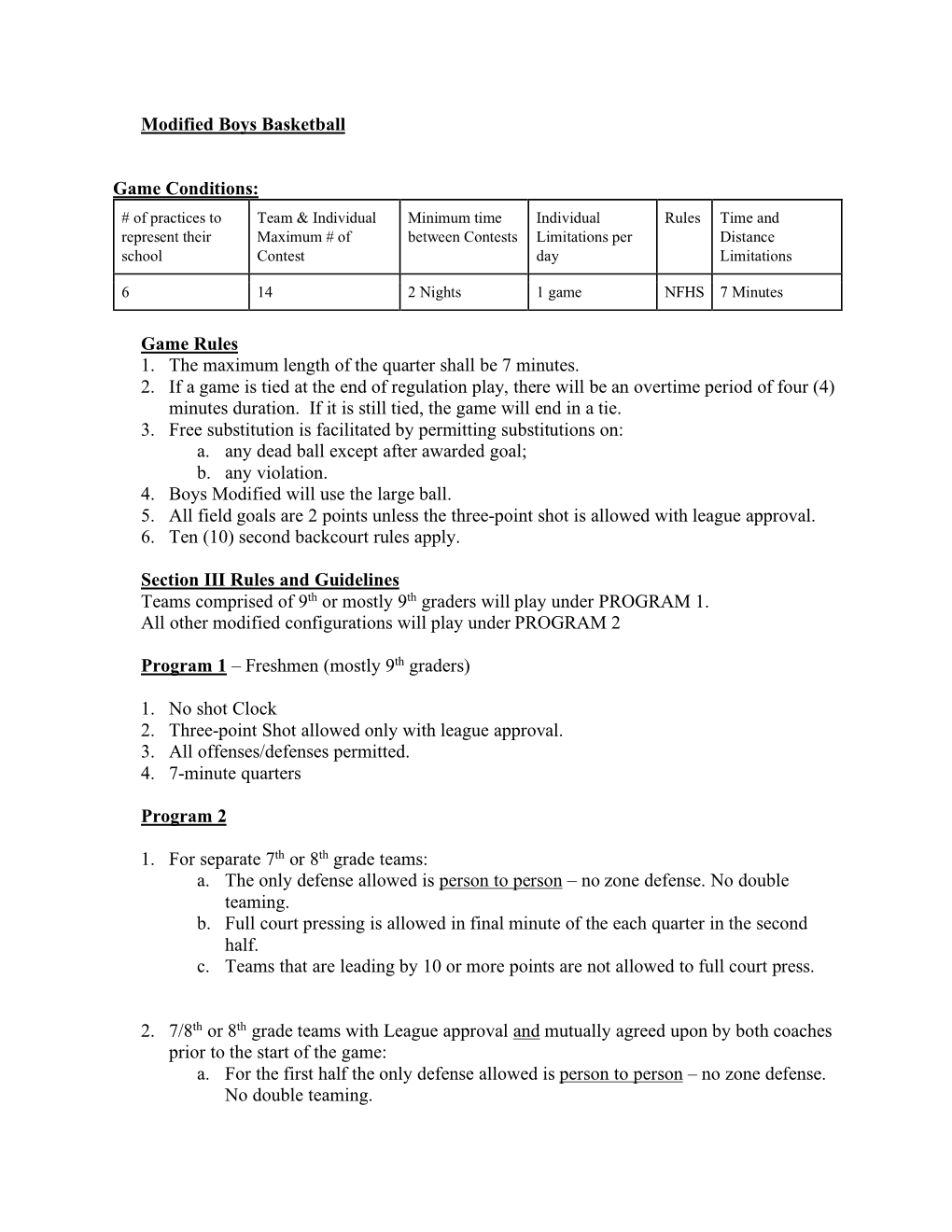 Modified Boys Basketball Game Conditions: Game Rules 1. the Maximum Length of the Quarter Shall Be 7 Minutes. 2. If a Game