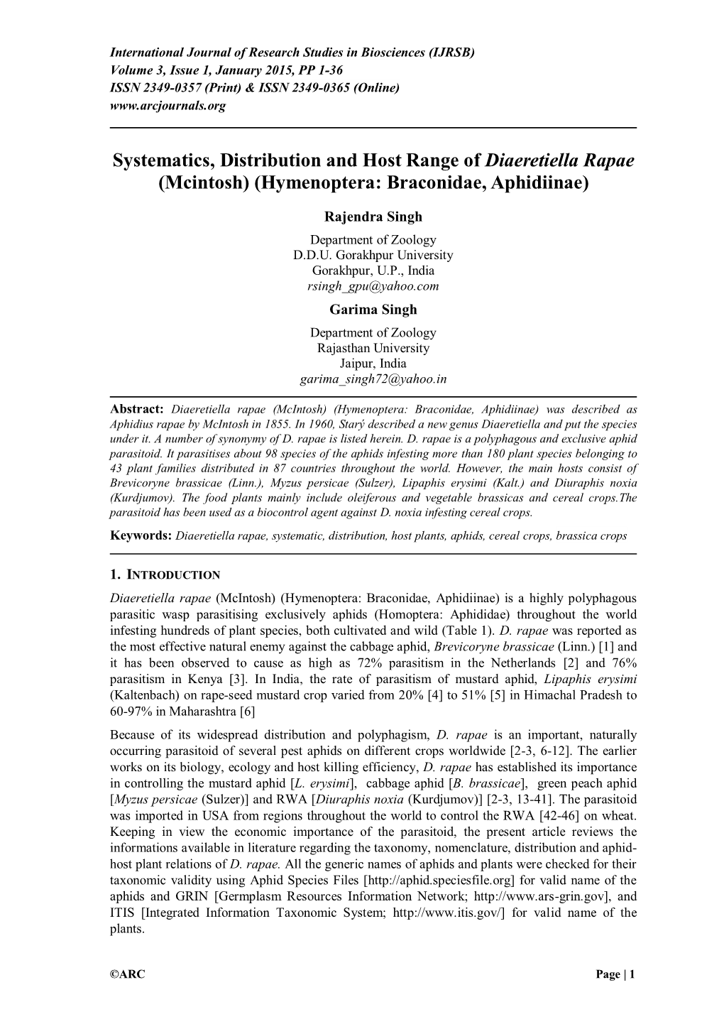 Systematics, Distribution and Host Range of Diaeretiella Rapae (Mcintosh) (Hymenoptera: Braconidae, Aphidiinae)