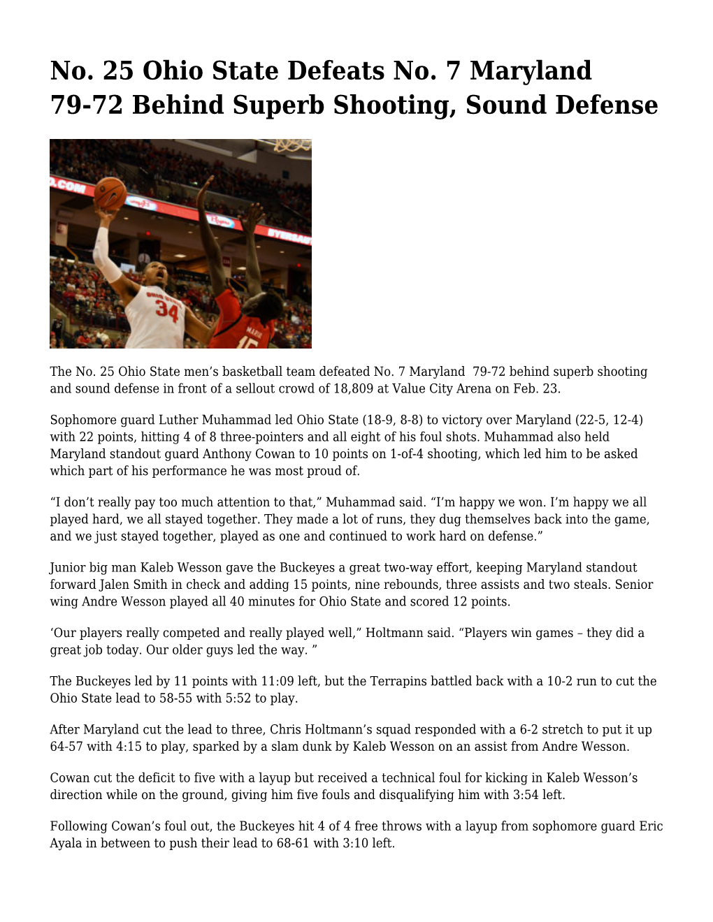 No. 25 Ohio State Defeats No. 7 Maryland 79-72 Behind Superb Shooting, Sound Defense