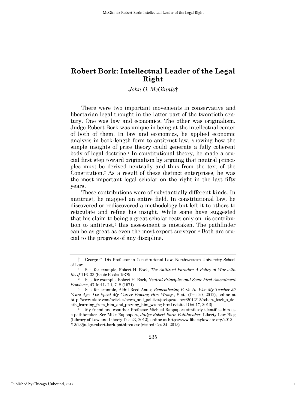 Robert Bork: Intellectual Leader of the Legal Right