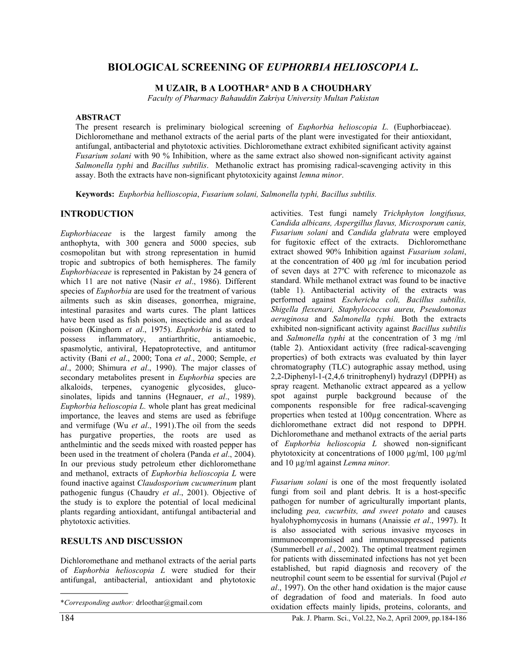 Biological Screening of Euphorbia Helioscopia L