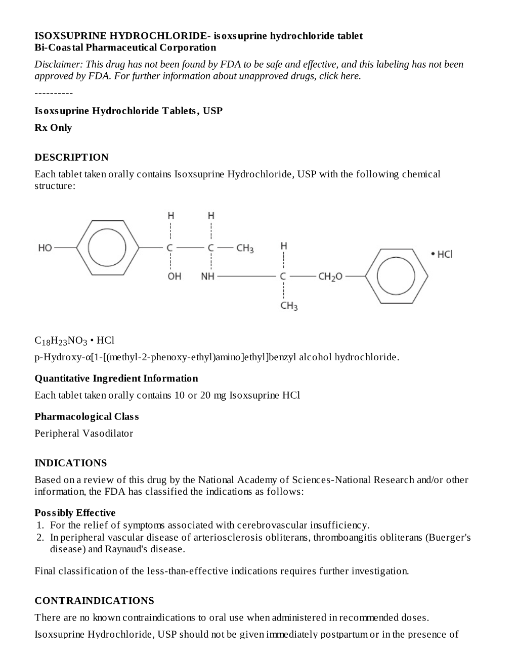 Isoxsuprine Hydrochloride Tablets, USP Rx Only