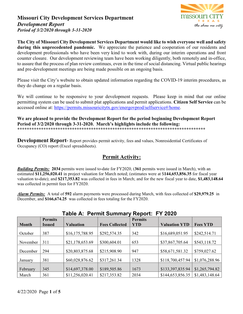 Table A: Permit Summary Report: FY 2020 Permits Permits Month Issued Valuation Fees Collected YTD Valuation YTD Fees YTD