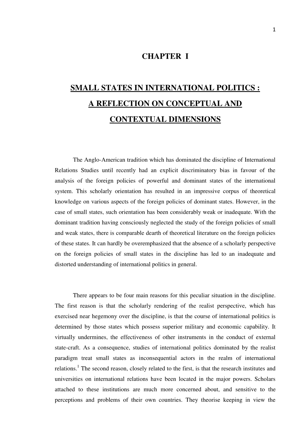 Chapter I Small States in International Politics : a Reflection on Conceptual and Contextual Dimensions