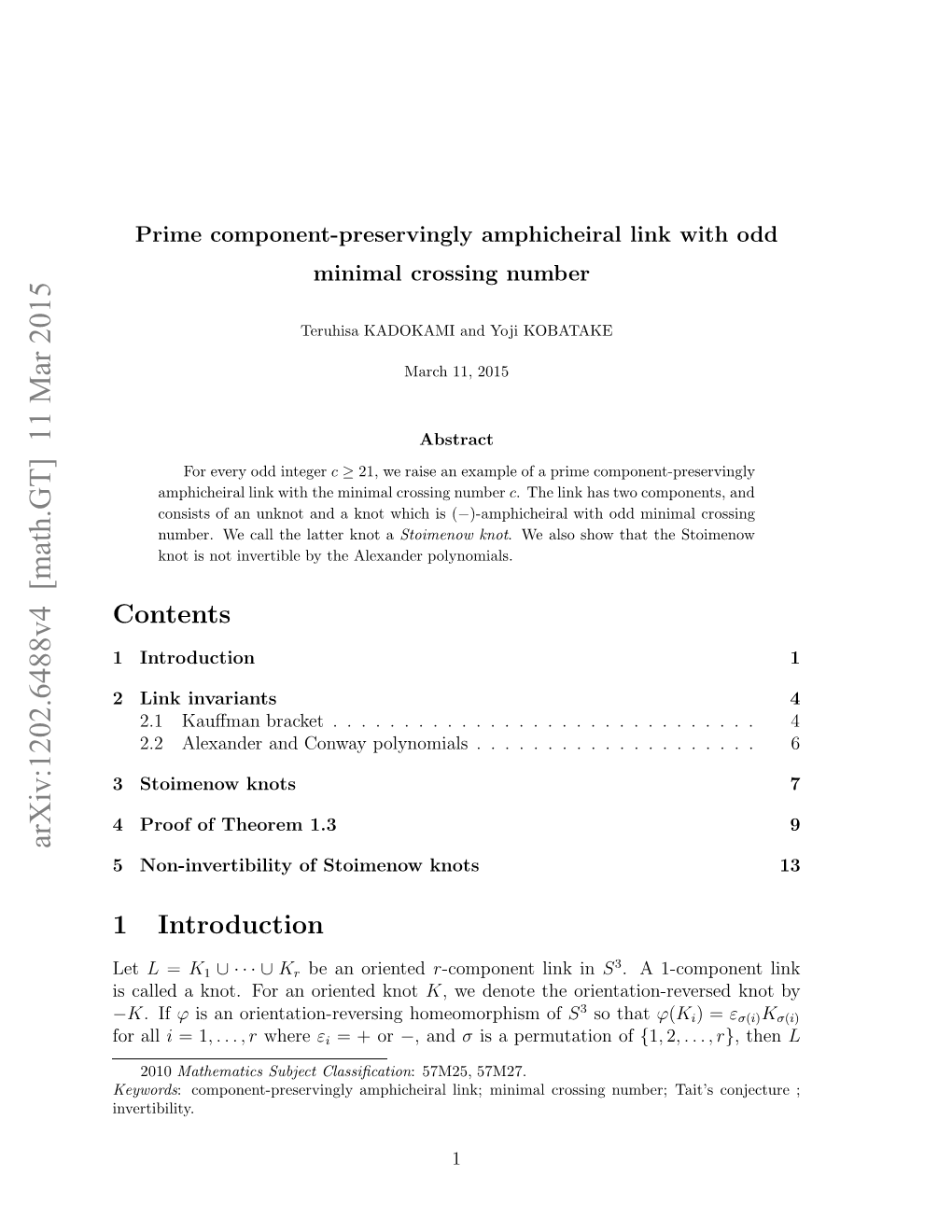 Arxiv:1202.6488V4 [Math.GT] 11 Mar 2015 Ikinvariants Link 2 Introduction 1 Contents Invertibility