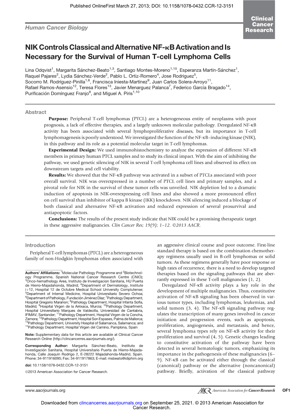 NIK Controls Classical and Alternative NF-Kb Activation and Is Necessary for the Survival of Human T-Cell Lymphoma Cells