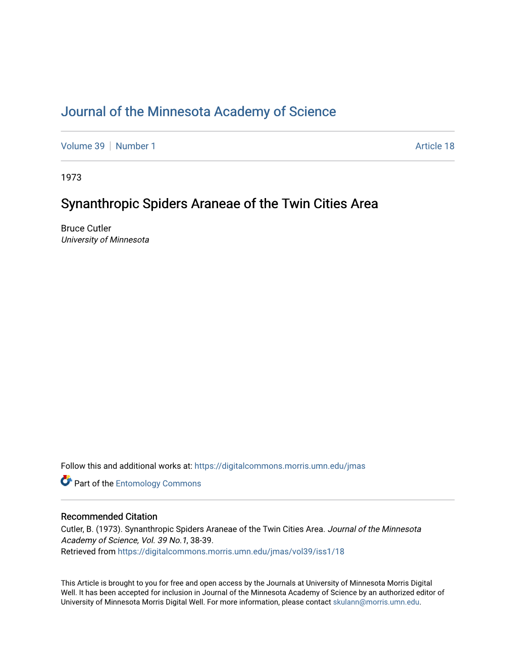 Synanthropic Spiders Araneae of the Twin Cities Area