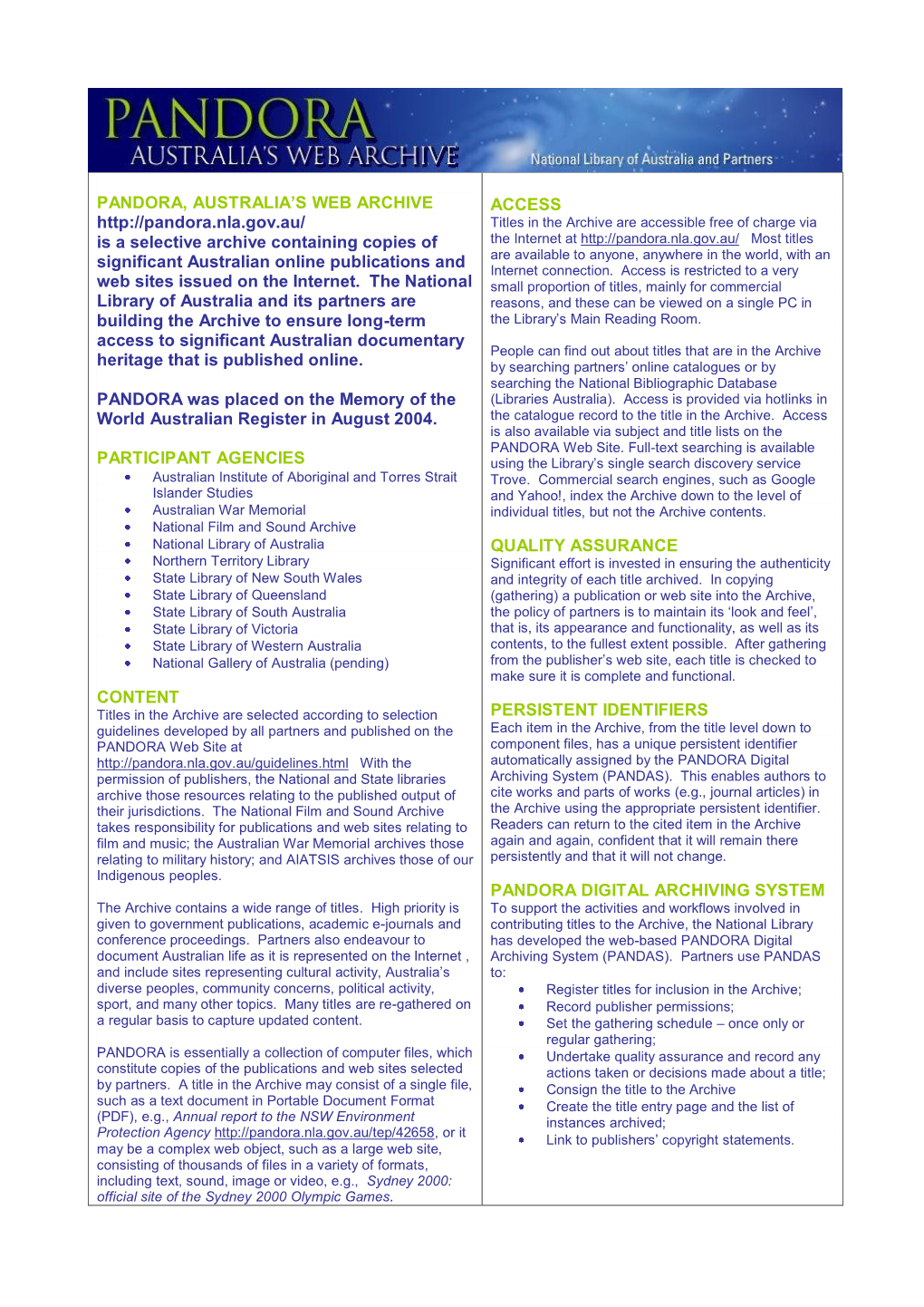 NLA Pandora Factsheet