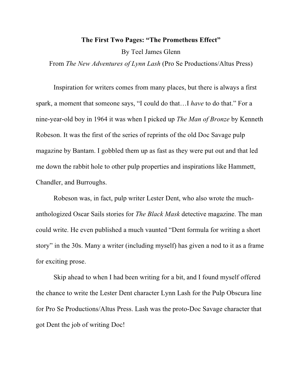 The First Two Pages: “The Prometheus Effect” by Teel James Glenn from the New Adventures of Lynn Lash (Pro Se Productions/Altus Press)