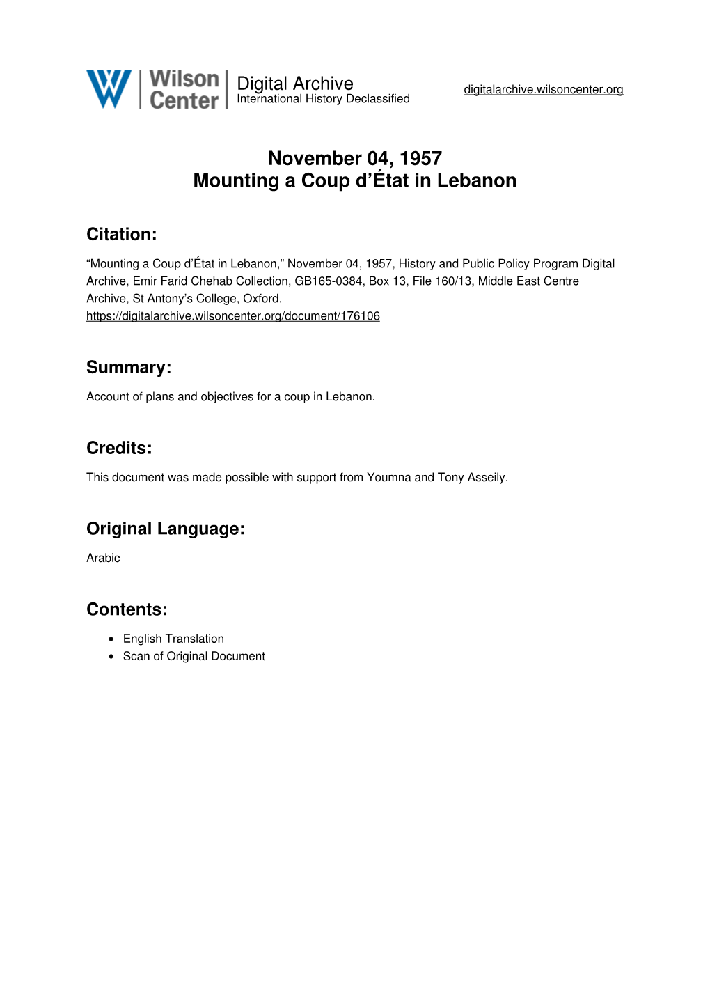 November 04, 1957 Mounting a Coup D'état in Lebanon