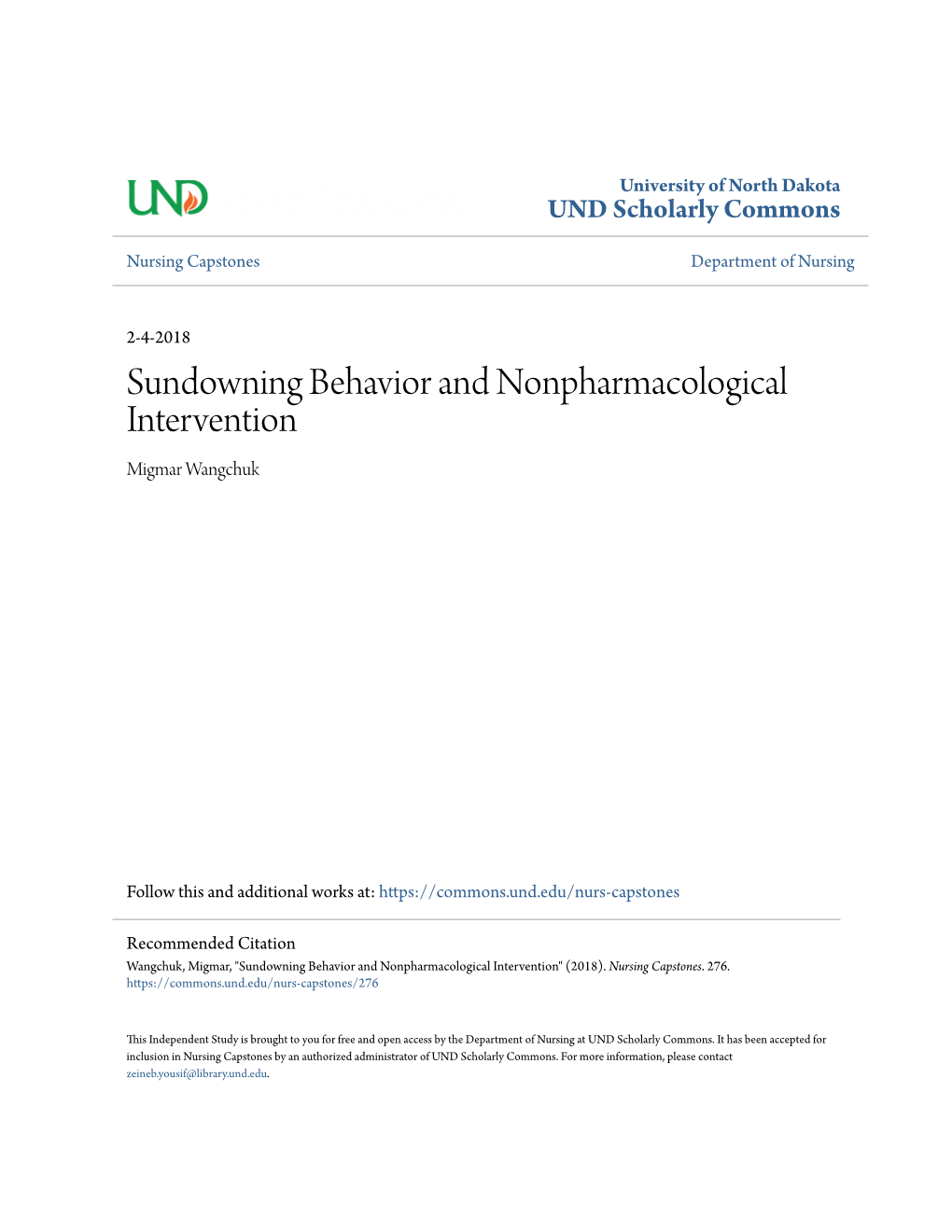 Sundowning Behavior and Nonpharmacological Intervention Migmar Wangchuk