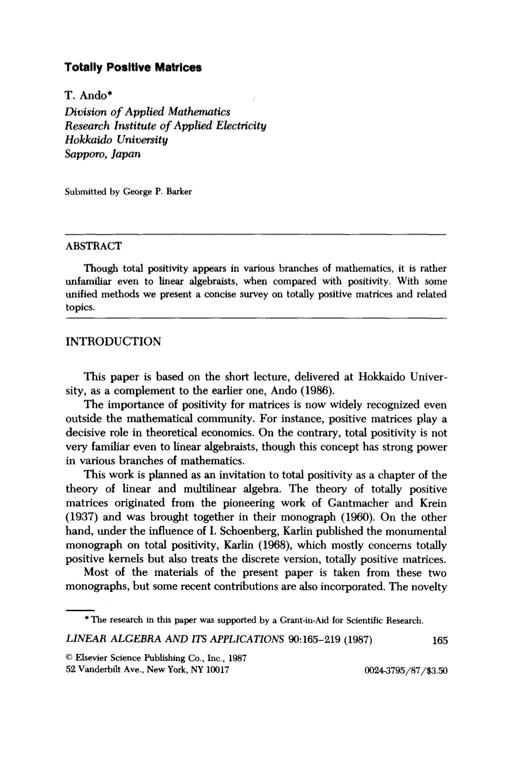 Totally Positive Matrices T. Ando* Division of Applied