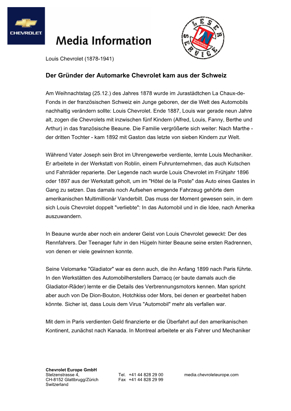 Der Gründer Der Automarke Chevrolet Kam Aus Der Schweiz