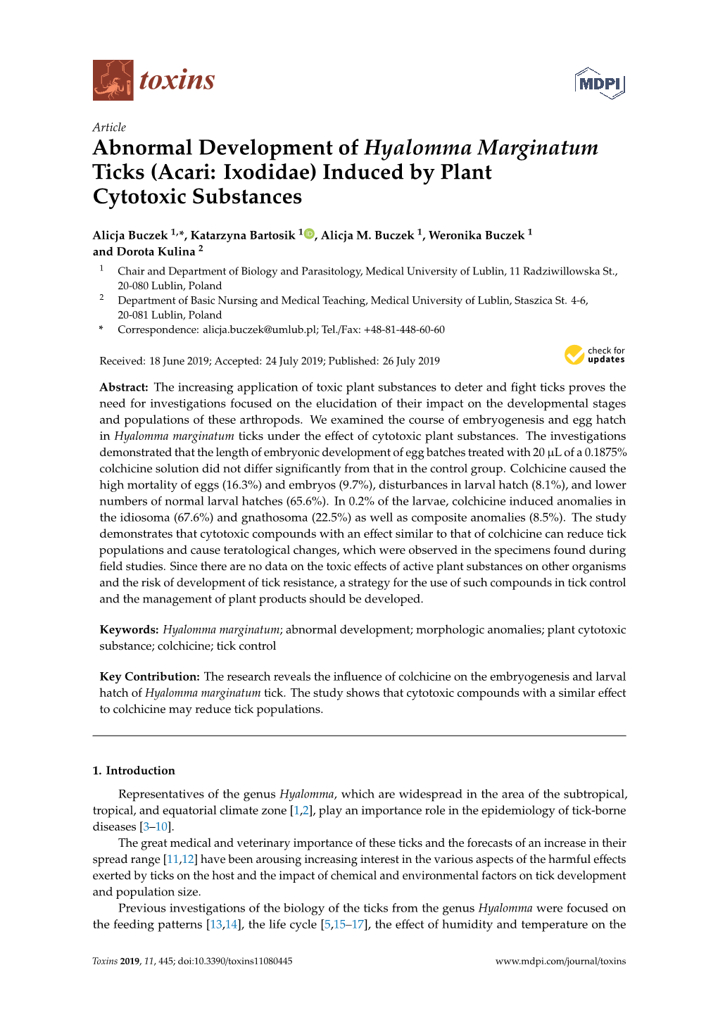 Abnormal Development of Hyalomma Marginatum Ticks (Acari: Ixodidae) Induced by Plant Cytotoxic Substances