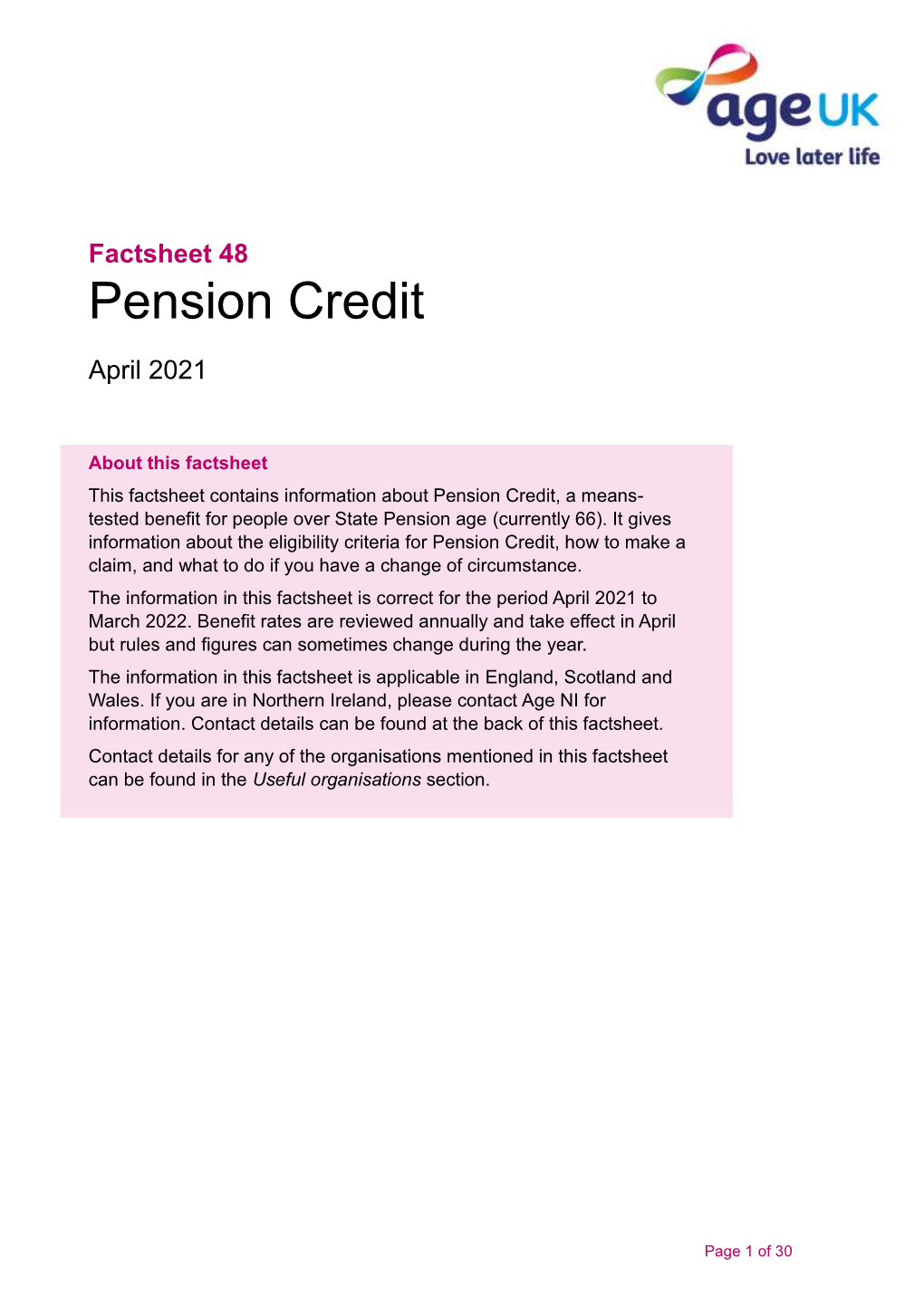 Factsheet 48 Pension Credit