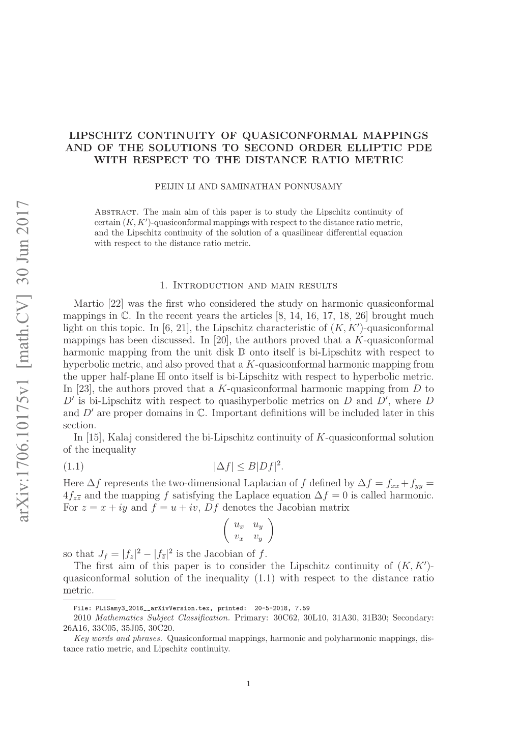 Arxiv:1706.10175V1 [Math.CV] 30 Jun 2017 Uscnomlslto Fteieult 11 Ihrsett H D the to Respect with (1.1) Inequality the Metric