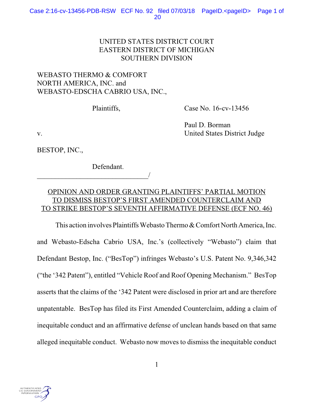 Case 2:16-Cv-13456-PDB-RSW ECF No. 92 Filed 07/03/18 Pageid