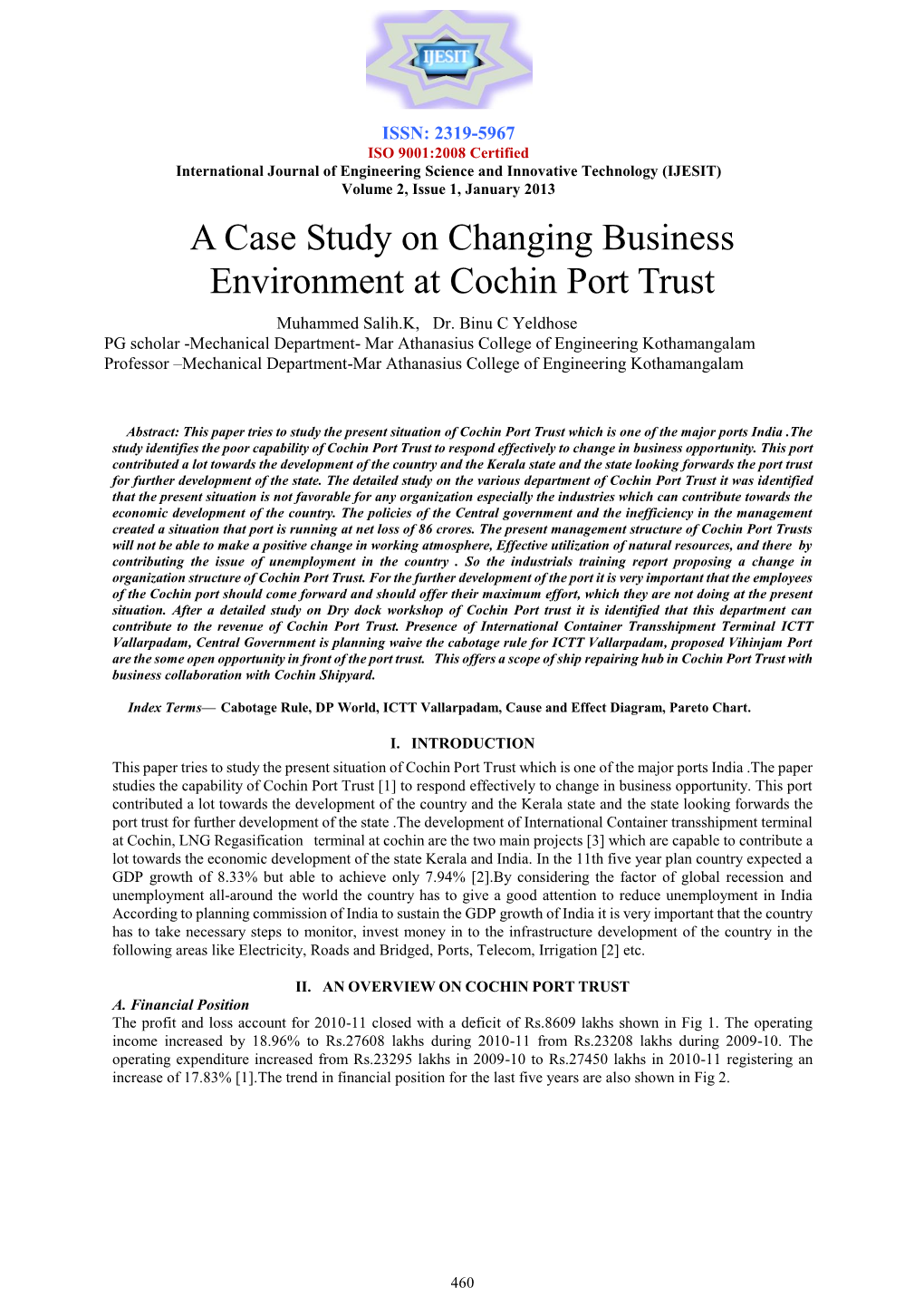 A Case Study on Changing Business Environment at Cochin Port Trust Muhammed Salih.K, Dr