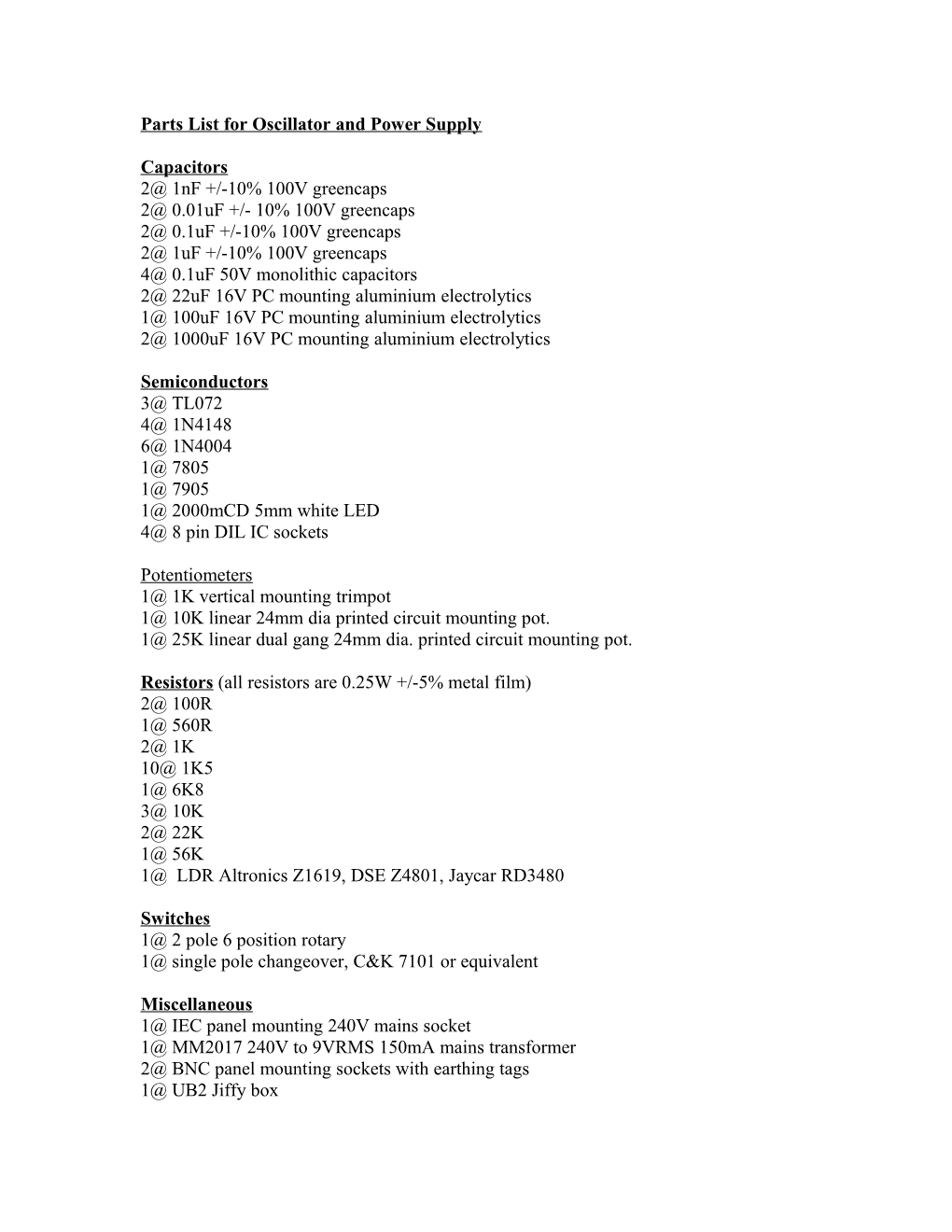 Parts List for Oscillator and Power Supply