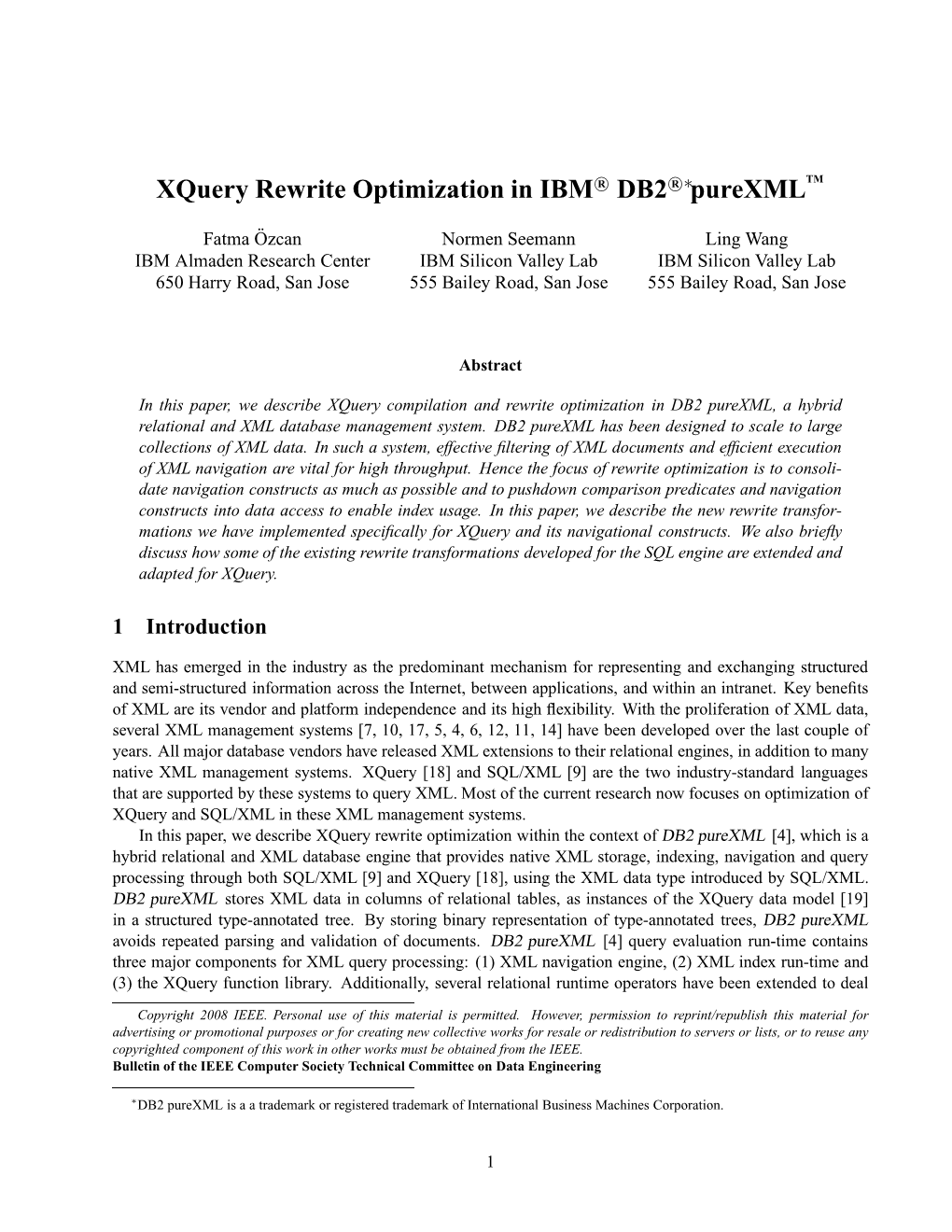 Xquery Rewrite Optimization in IBM DB2 Purexml