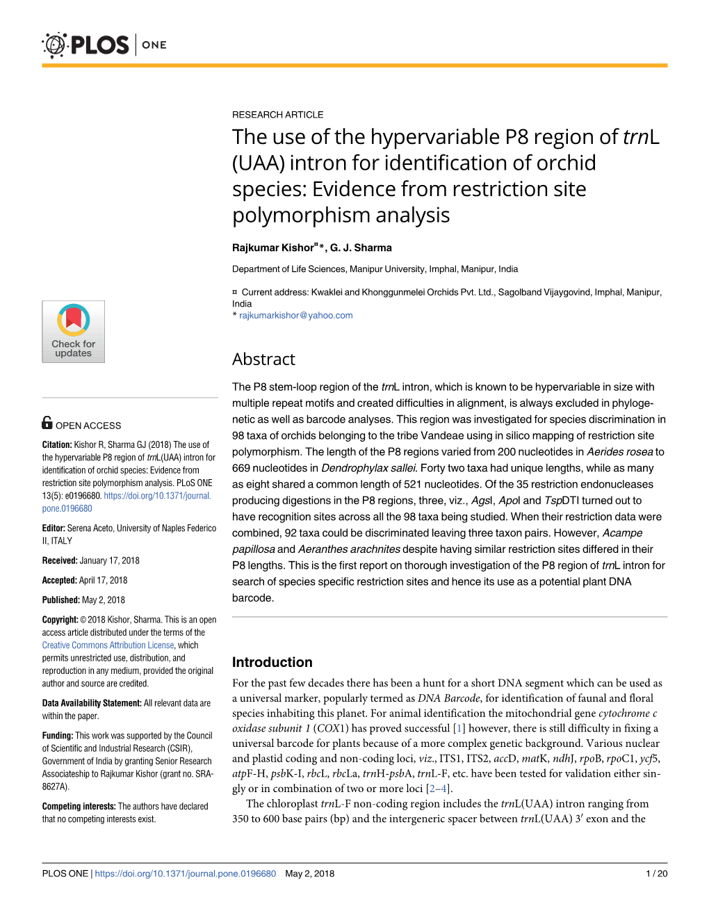 The Use of the Hypervariable P8 Region of Trnl (UAA) Intron for Identification of Orchid Species: Evidence from Restriction Site Polymorphism Analysis