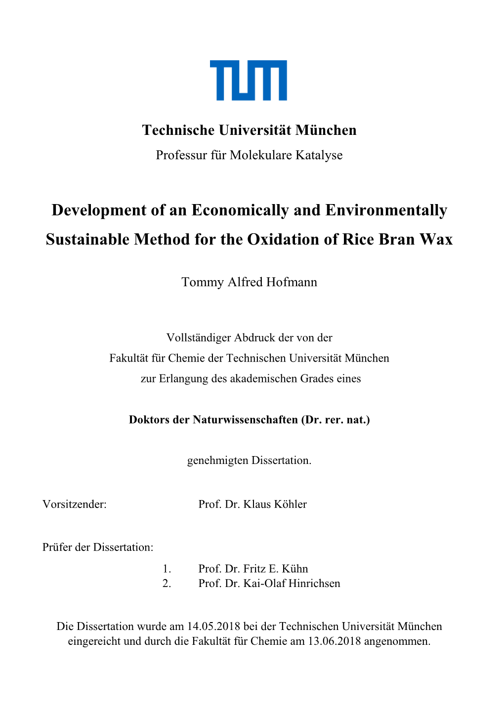 Development of an Economically and Environmentally Sustainable Method for the Oxidation of Rice Bran Wax