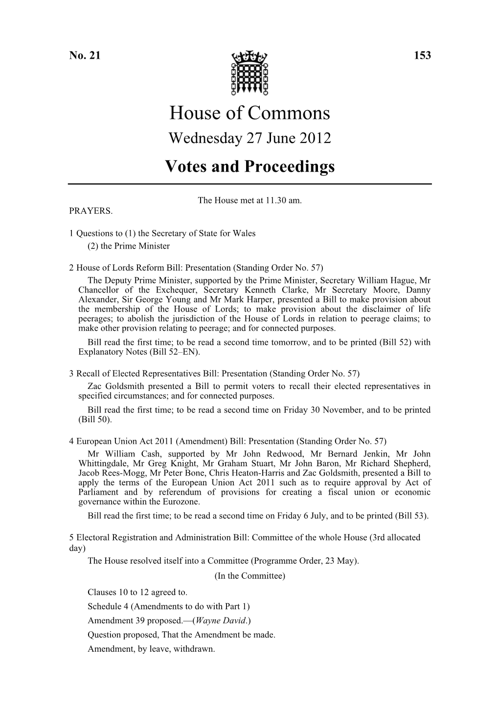 House of Commons Wednesday 27 June 2012 Votes and Proceedings