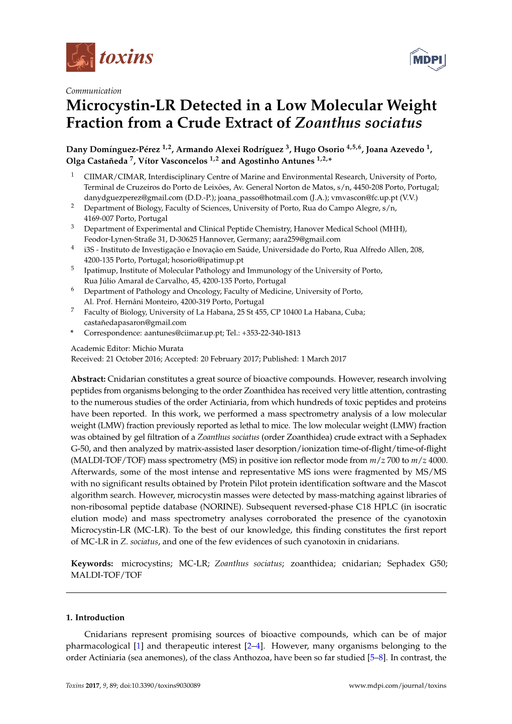Microcystin-LR Detected in a Low Molecular Weight Fraction from a Crude Extract of Zoanthus Sociatus