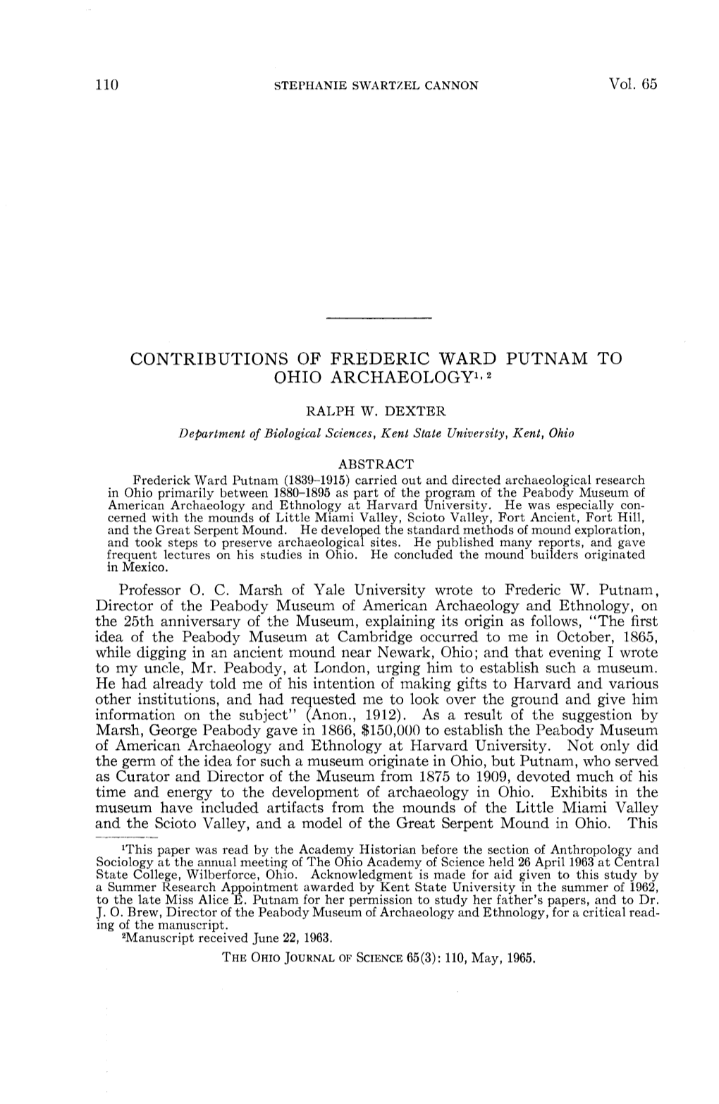 Contributions of Frederic Ward Putnam to Ohio Archaeology1-2