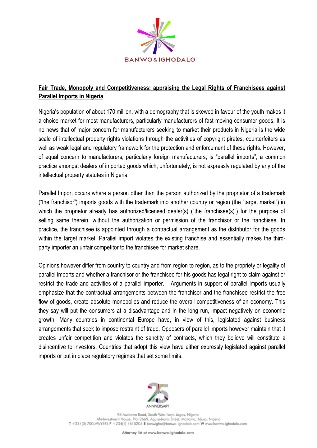 Fair Trade, Monopoly and Competitiveness: Appraising the Legal Rights of Franchisees Against Parallel Imports in Nigeria