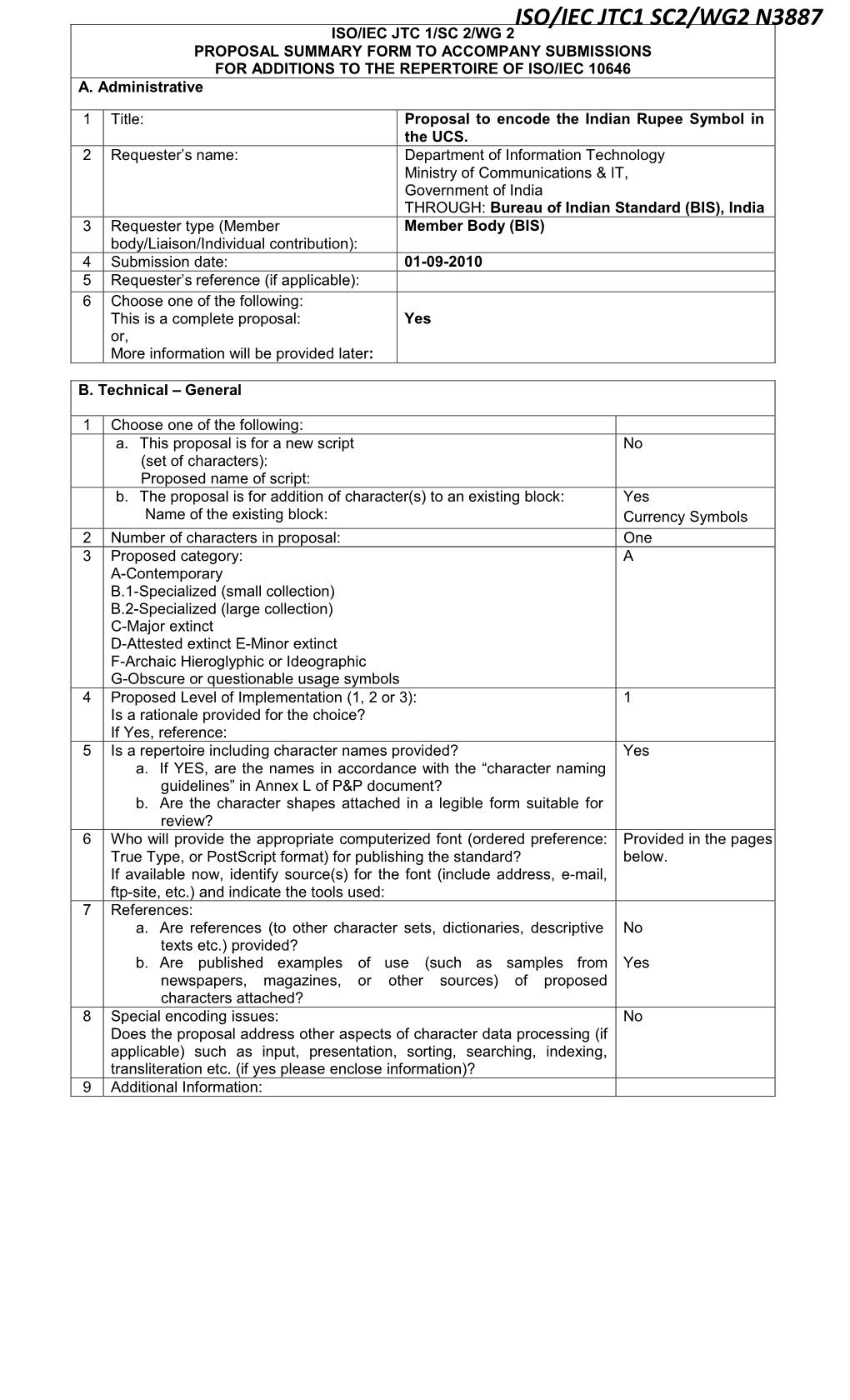 Wg2 N3887 Iso/Iec Jtc 1/Sc 2/Wg 2 Proposal Summary Form to Accompany Submissions for Additions to the Repertoire of Iso/Iec 10646 A