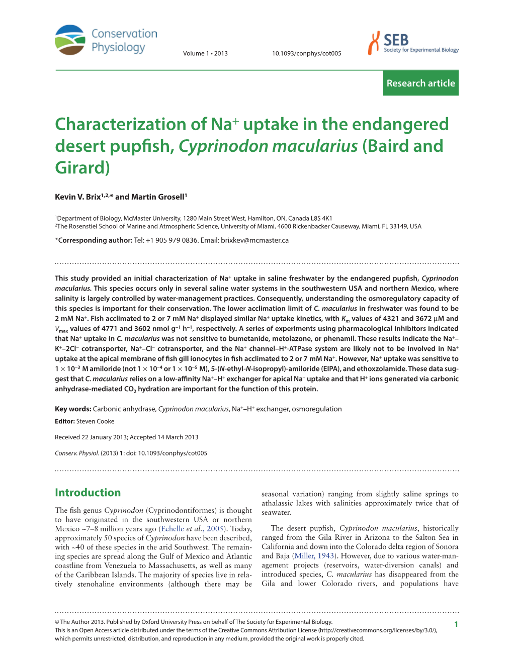 Characterization of Na+ Uptake in the Endangered Desert Pupfish,Cyprinodon Macularius (Baird and Girard)