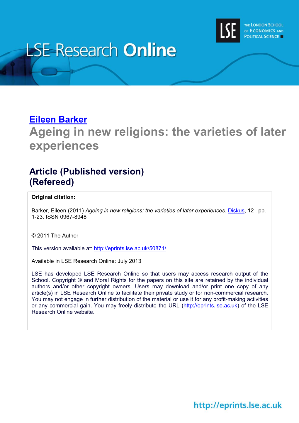 Ageing in New Religions: the Varieties of Later Experiences