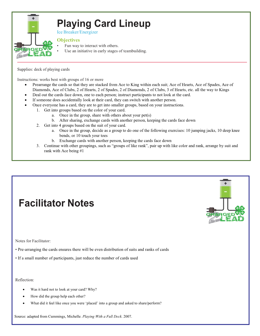 Facilitator Notes Playing Card Lineup