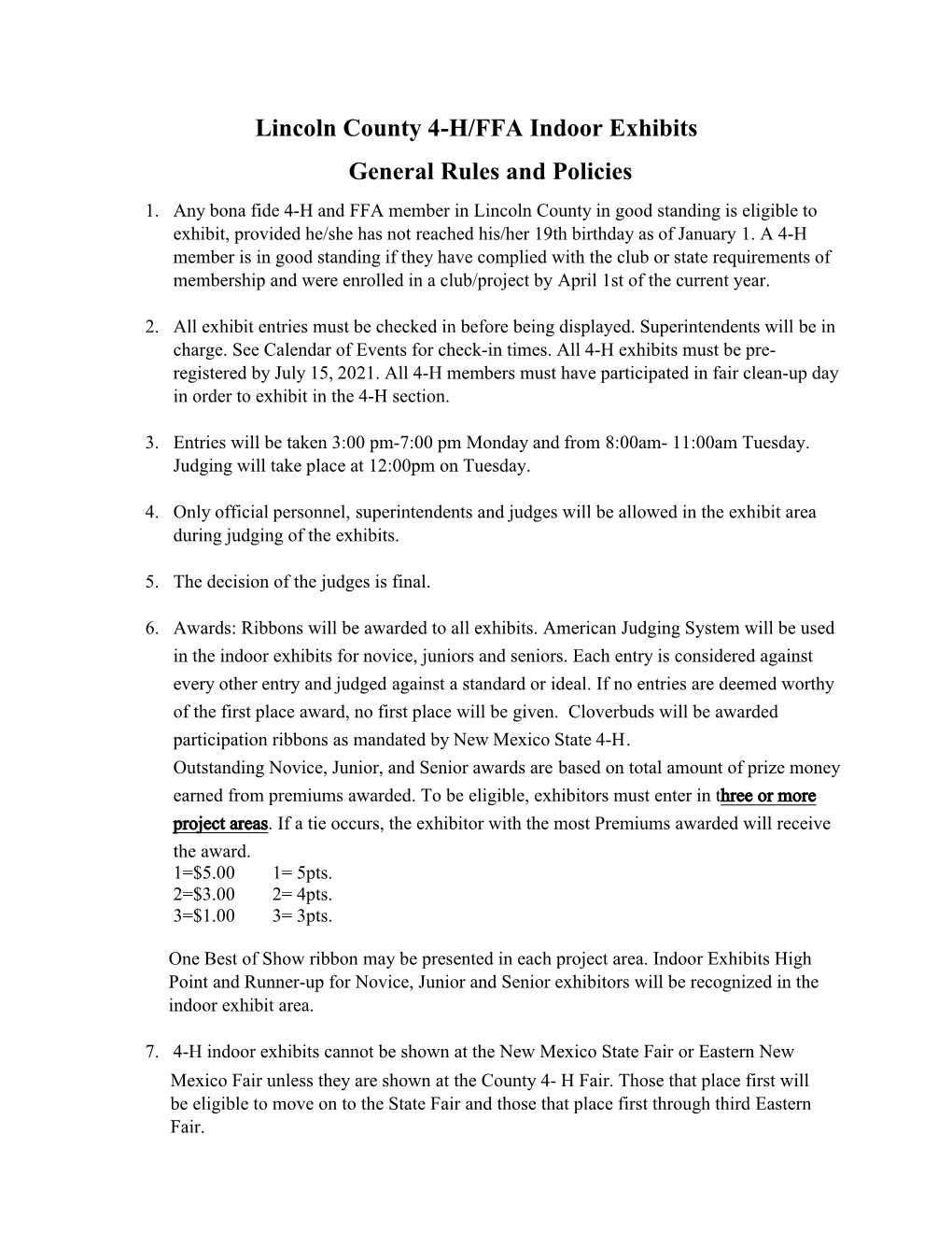 Lincoln County 4-H/FFA Indoor Exhibits General Rules and Policies