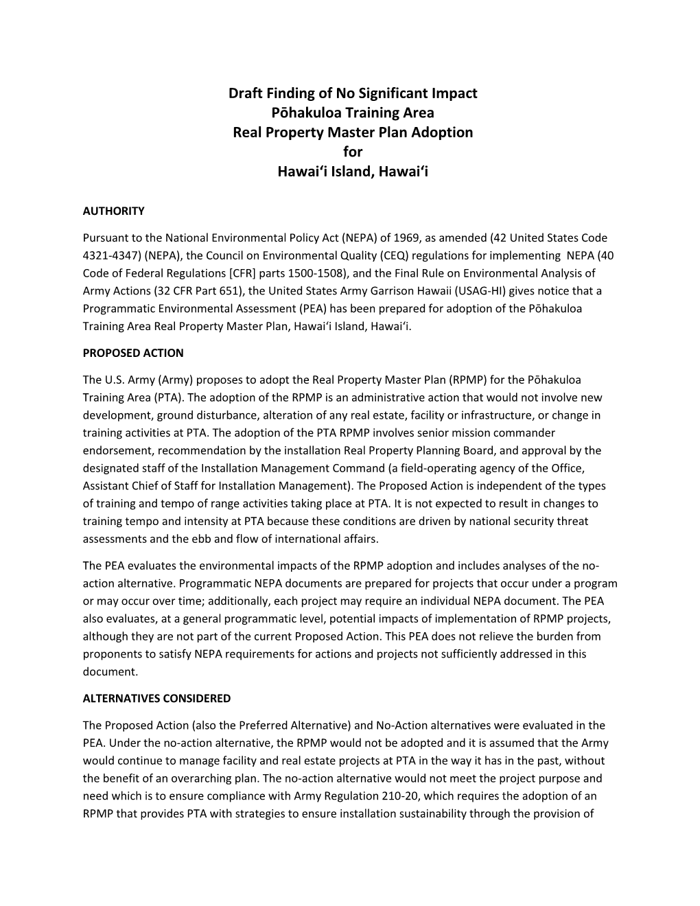 Pōhakuloa Training Area (PTA) Real Property Master Plan (RPMP)