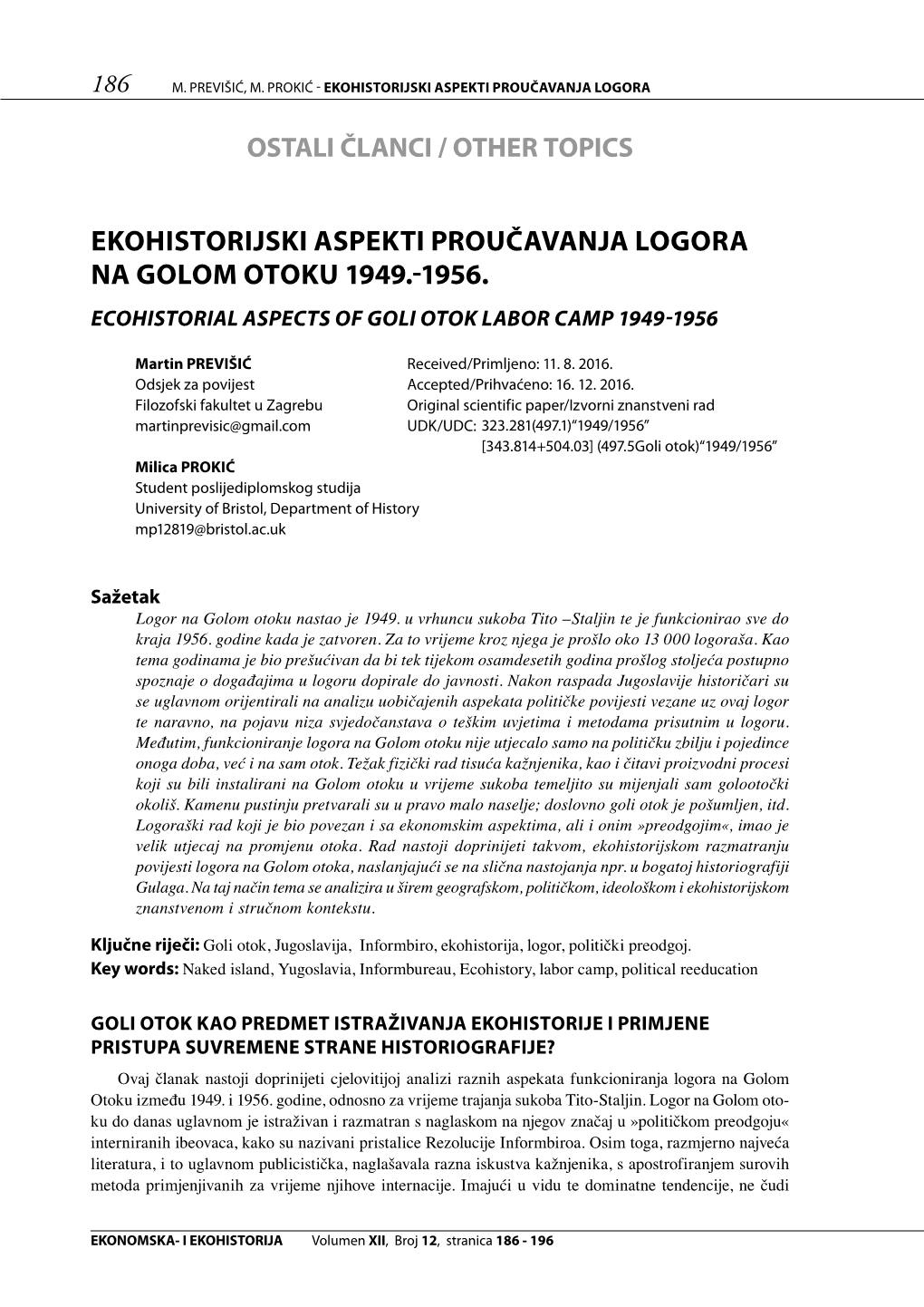 Ekohistorijski Aspekti Proučavanja Logora Na Golom Otoku 1949.-1956